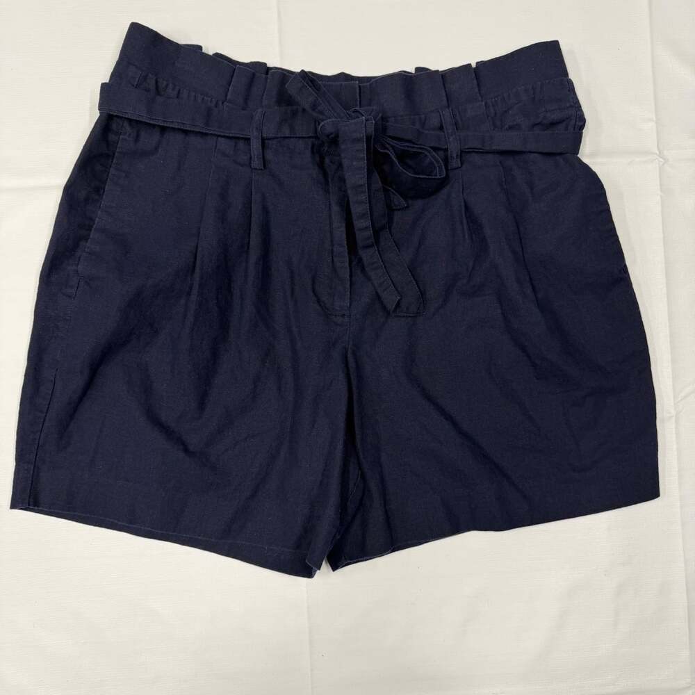 Boden Women’s Paperbag High Waisted Shorts Size US 12 Navy Blue Linen Blend Tie